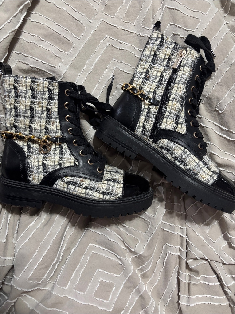 Guess Black and White Tweed Lace-Up Combat Boots with Gold Chain Accent